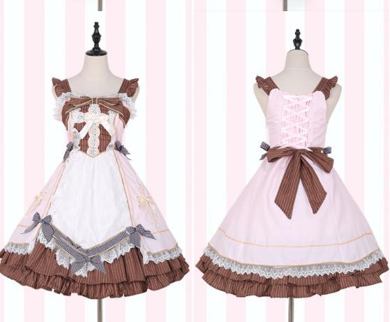 夏　ゴスロリワンピース ドレス ロリィタ OP長袖膝丈 Lolita ロリータ コスプレ エプロン 日常洋服リボン可愛い　かわいい　日系